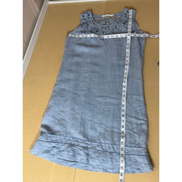 100% Linen Light Blue Embroidered Floral Knee Length Preppy Cottage S Sleeveless - Picture 8 of 8